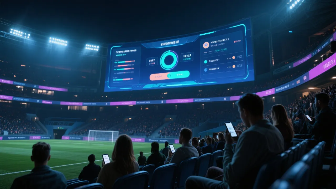 球场内部看台与超大屏幕互动，手机参与投票与实时数据叠加的未来感